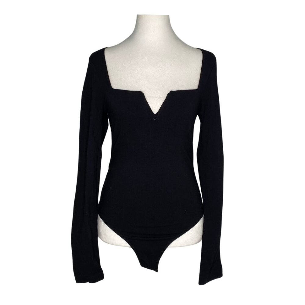 Free People Intimately Black Square Neck V Notch Stretch Bodysuit, S #338 - Picture 1 of 10